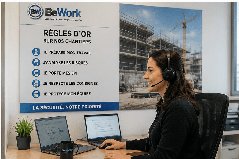 Assistante BeWork au poste, règles d’or sécurité chantier et plateforme IA BTP
