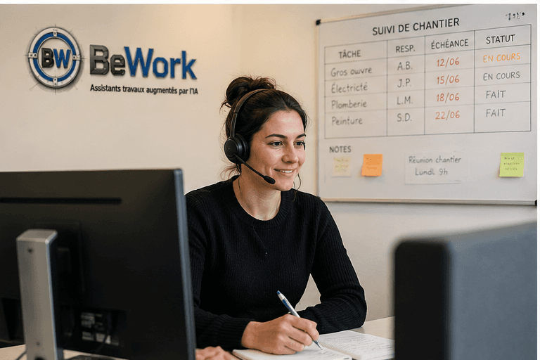 Assistante BeWork devant affiche réhabilitation bâtiment, planning et coordination BTP
