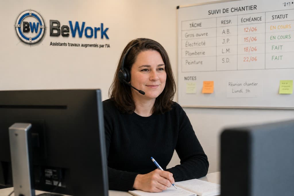 Assistante BeWork avec casque, affiche chantier réhabilitation bâtiment BTP