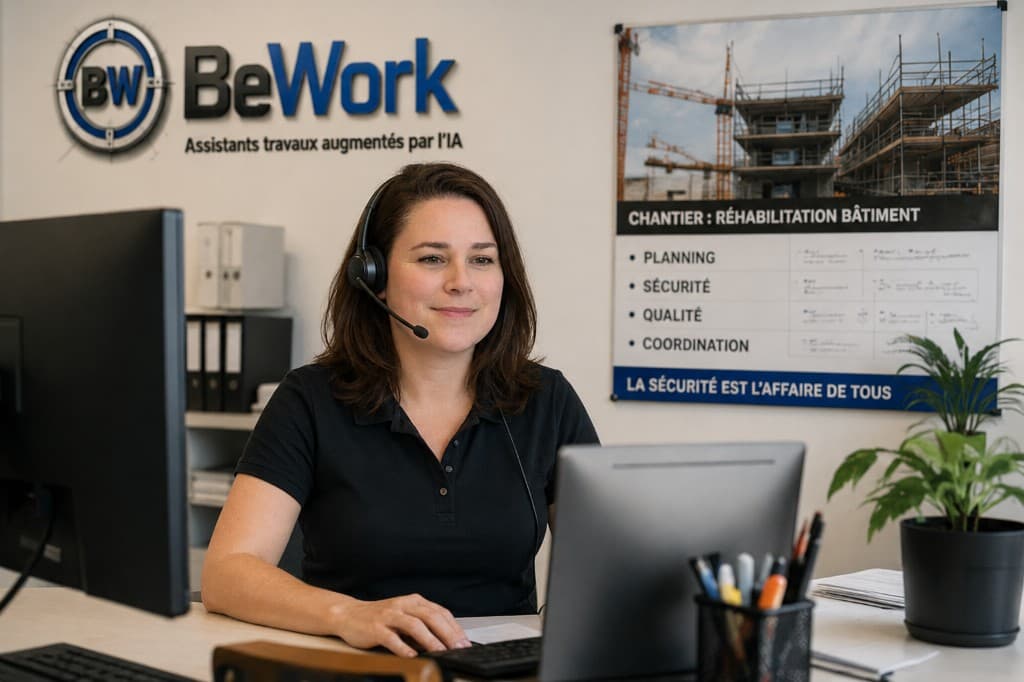 Assistante BeWork au casque, prise de notes sur un suivi de chantier BTP