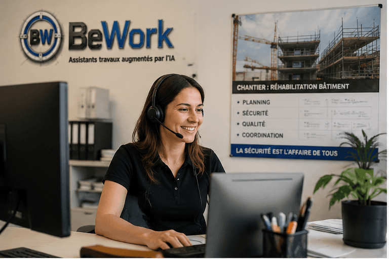 Assistante BeWork avec casque devant un tableau de suivi de chantier BTP