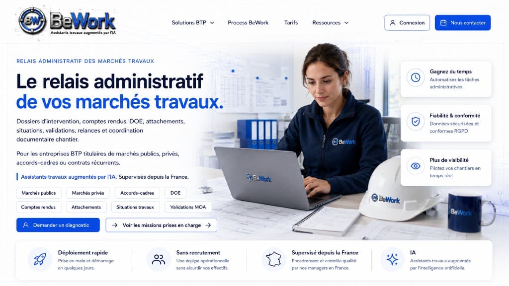 Assistante BeWork au bureau avec plans et casque BTP, relais documents chantier