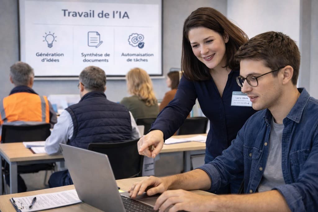 Formation IA en salle : Laure Olivié accompagne un participant au clavier ; écran « Travail de l'IA » (idées, synthèse de documents, automatisation) ; public BTP en arrière-plan