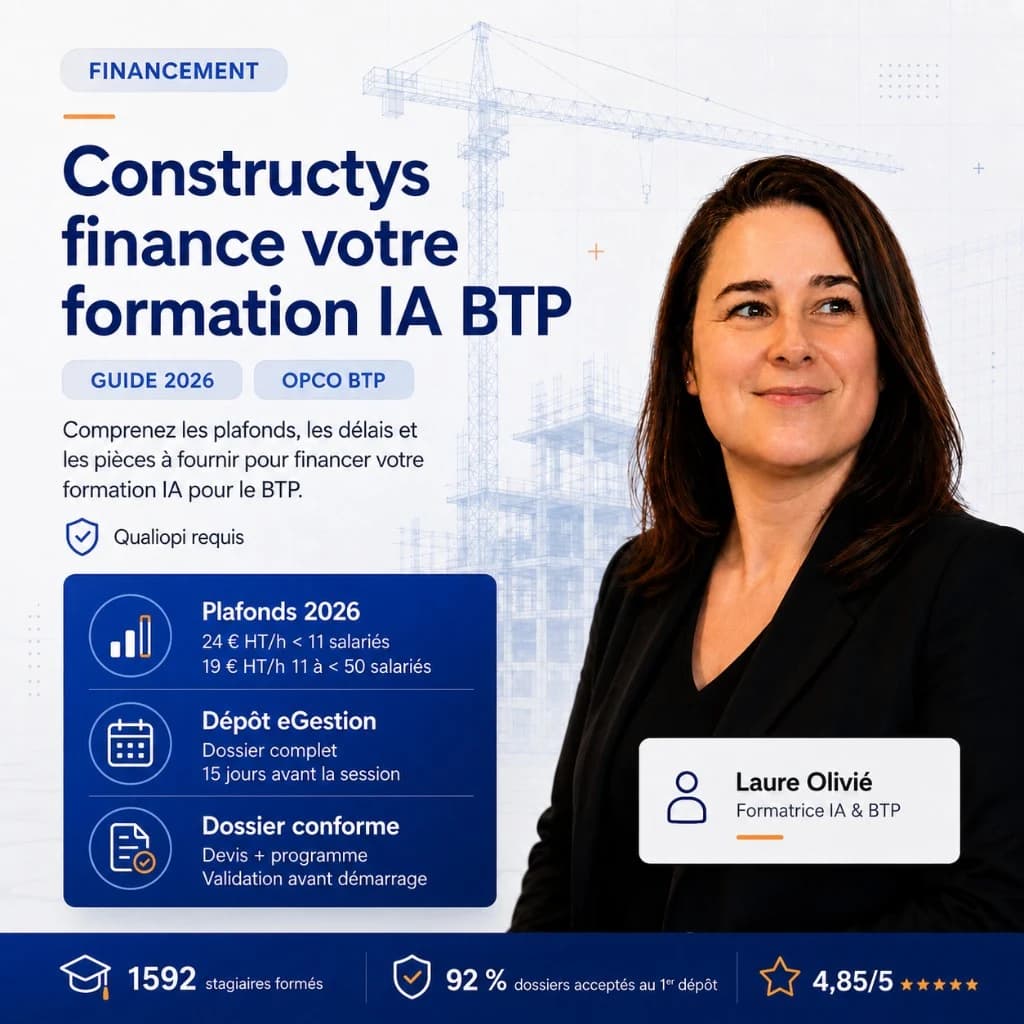 Affiche Constructys finance votre formation IA BTP — plafonds 2026 et portrait Laure