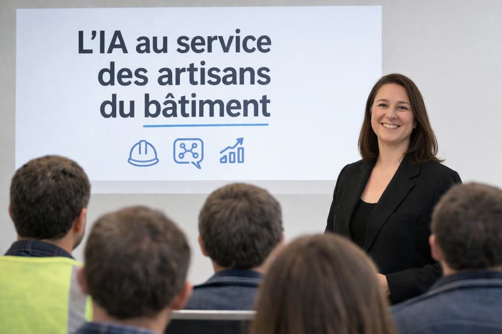 Formation catalogue BTP-01 — L'IA au service du bâtiment, niveau débutant ; Laure Olivié en présentation, écran « L’IA au service des artisans du bâtiment », public du BTP