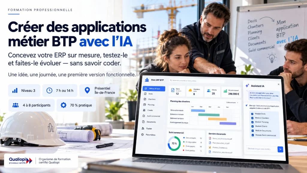 Pros du BTP autour d’un ERP chantier créé avec l’IA, sans coder — formation Île-de-France