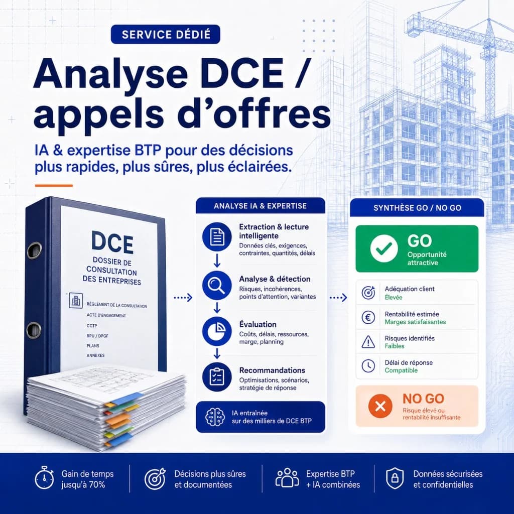 Affiche analyse DCE et appels d'offres BTP — extraction IA, évaluation et synthèse Go/No Go avec expertise BTP — formation…