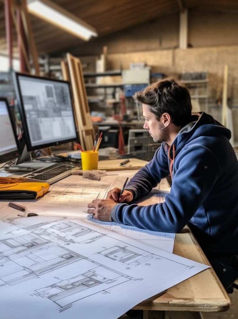 Professionnel du bâtiment concentre sur des plans techniques — illustration analyse DCE et chiffrage assistés par IA —…
