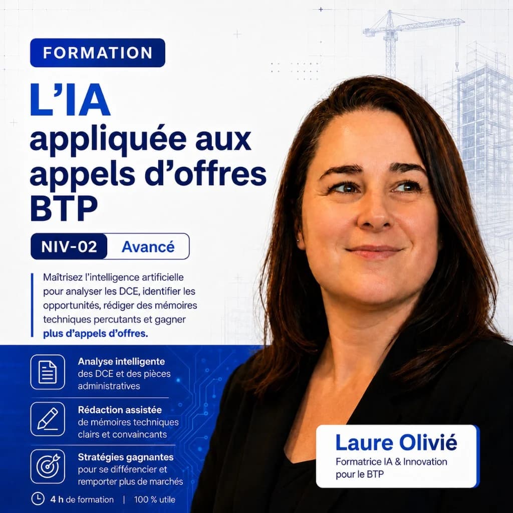 Affiche formation IA appels d'offres niveau 2 — analyse DCE, mémoire technique BTP, Laure Olivié formatrice Qualiopi
