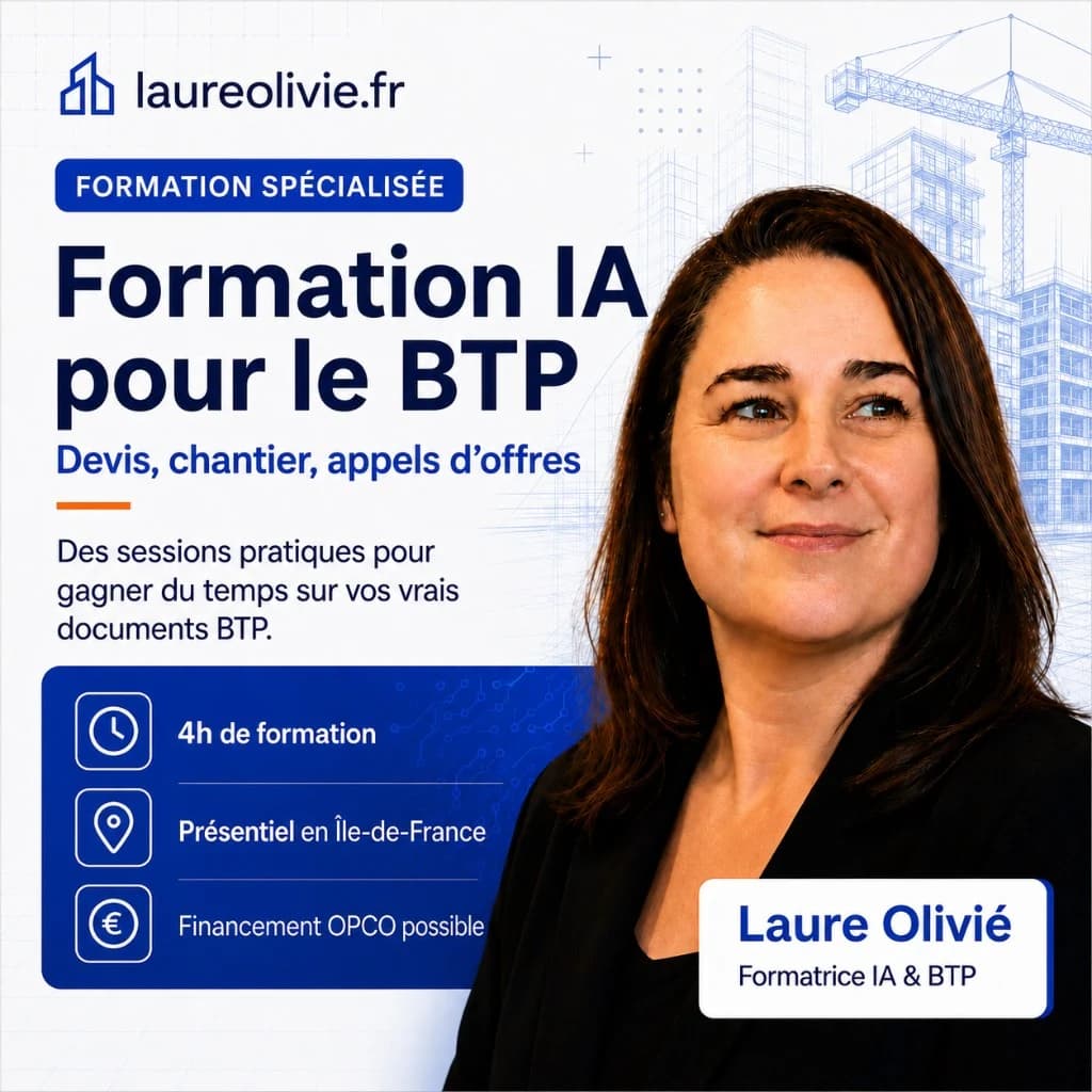 Affiche catalogue Formation IA pour le BTP : portrait Laure Olivié, 4 h présentiel