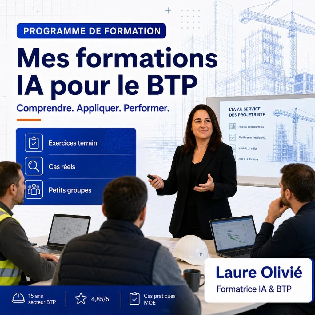Laure Olivié anime « Mes formations IA pour le BTP » en salle — exercices terrain, cas réels et petits groupes BTP —…