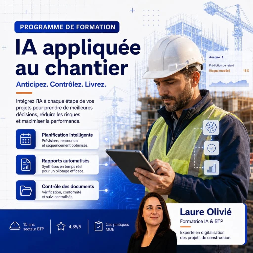 Affiche IA appliquée au chantier BTP — conducteur de travaux avec tablette, planification et Laure Olivié formatrice —…