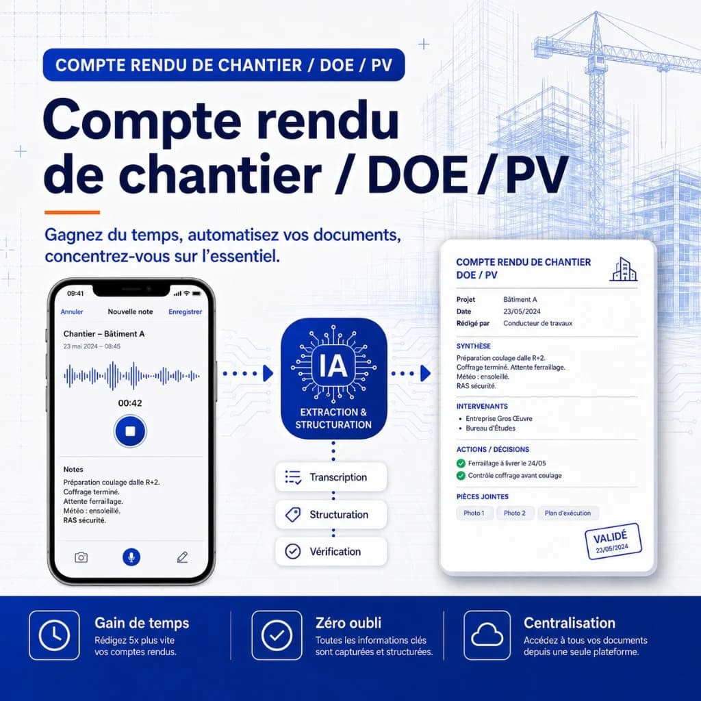 Affiche compte rendu chantier IA — notes vocales smartphone transformées en CR, DOE ou PV structurés et validés — formation…