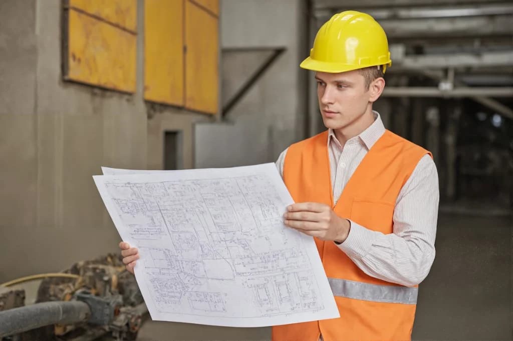 Professionnel BTP consulte des plans de chantier sur table — illustration gestion documentaire avec formation IA, Paris IDF