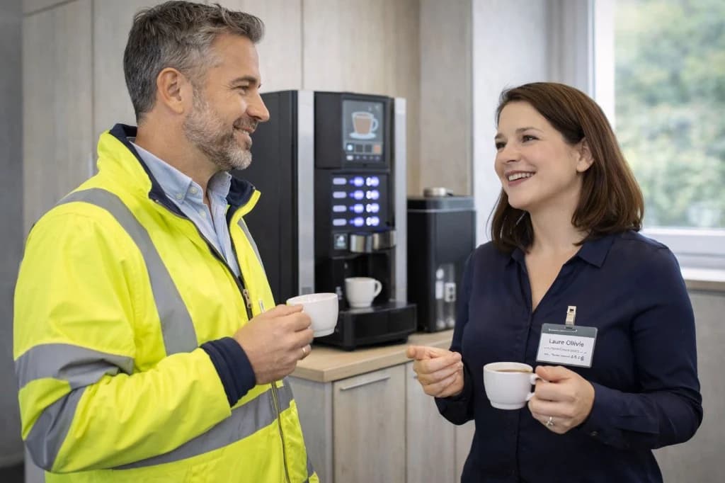 Laure Olivié, formatrice IA BTP OFC, en discussion avec un dirigeant PME du bâtiment lors d'une formation entreprise