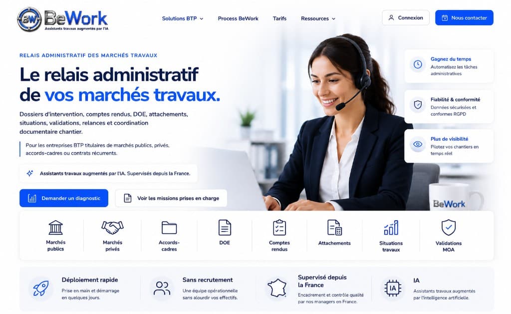 BeWork — assistante travaux au casque devant un ordinateur, relais administratif BTP supervisé depuis la France