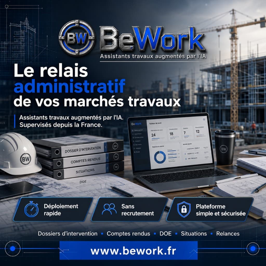 BeWork — relais administratif marchés travaux BTP, dossiers intervention, comptes rendus, DOE