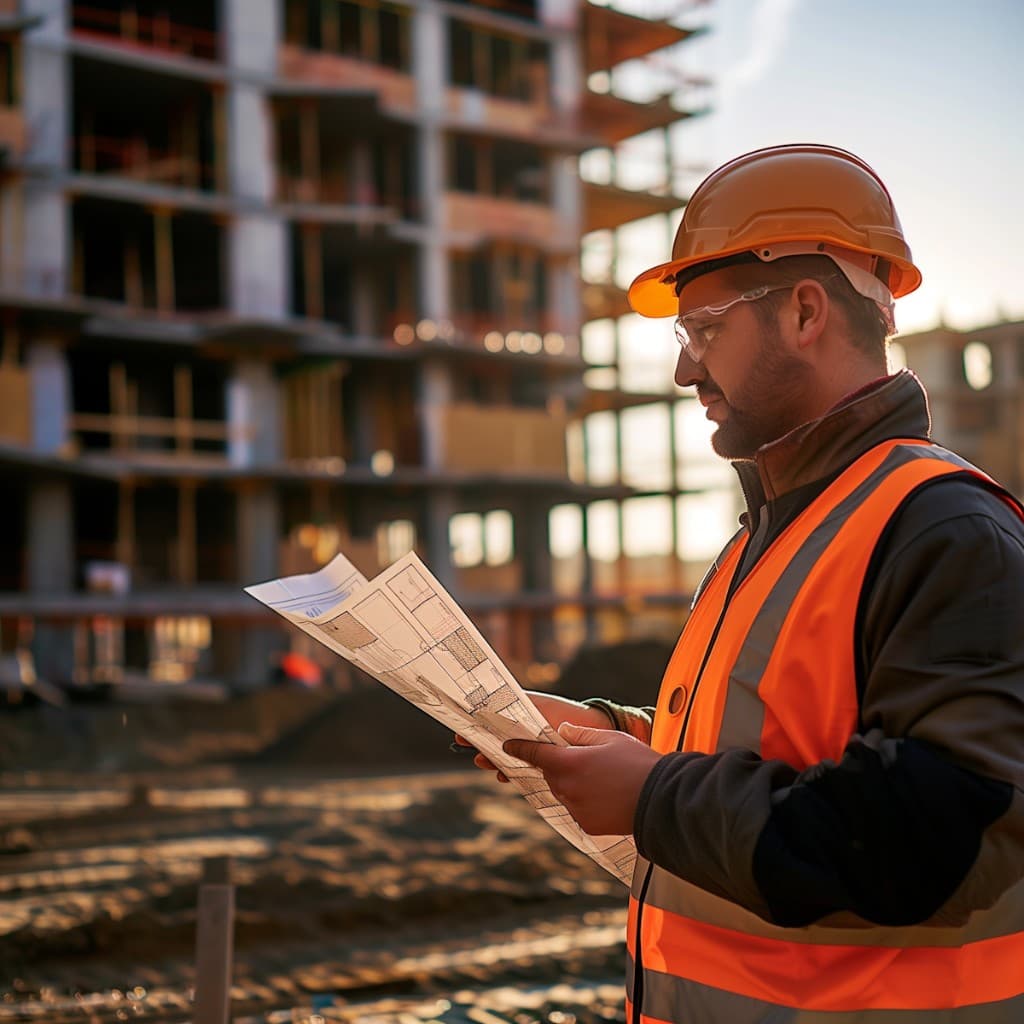 Conducteur de travaux BTP étudiant des plans sur chantier — formation IA pour comptes rendus et coordination