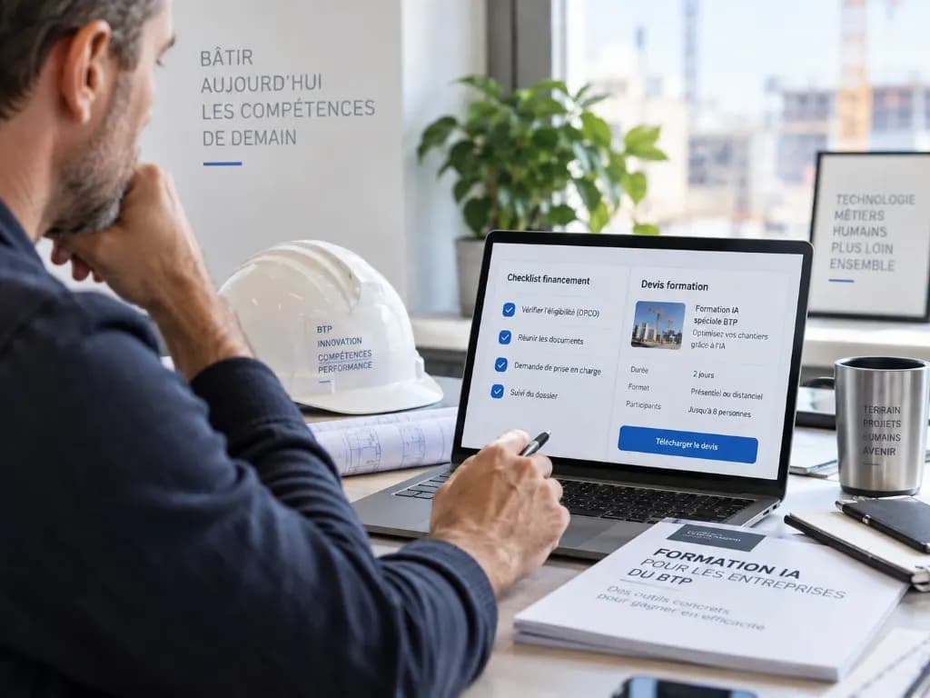 Étapes financement : éligibilité, documents, prise en charge et suivi Constructys Checklist OPCO et devis formation IA pour le BTP sur ordinateur portable