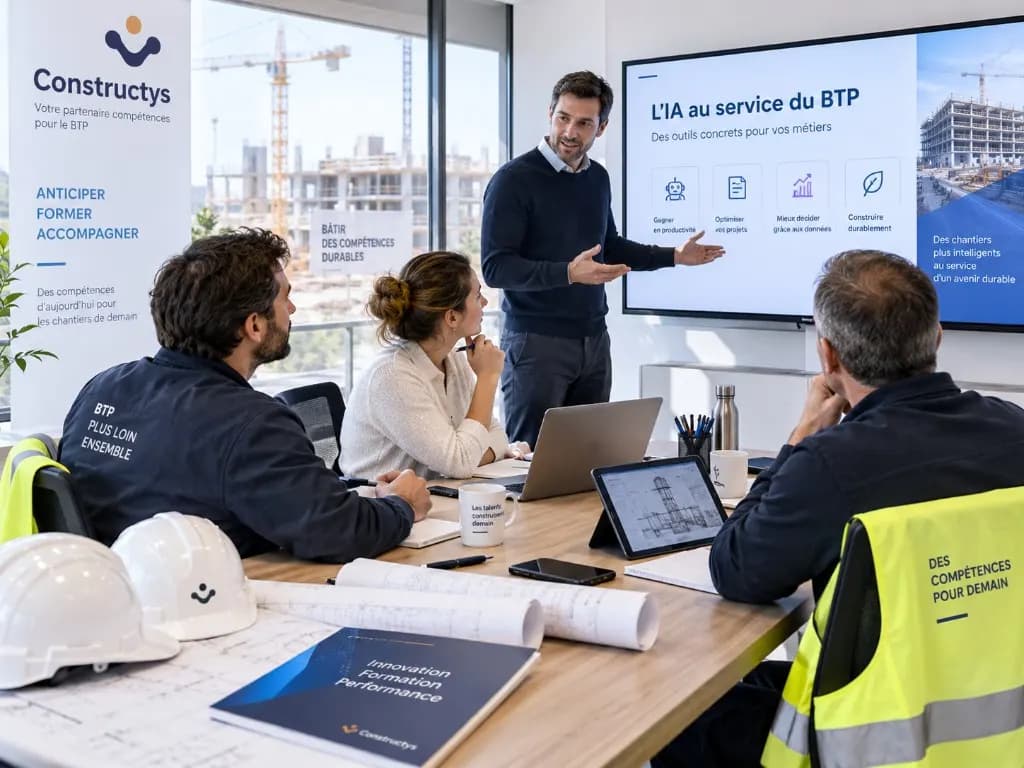 Formation IA BTP en présentiel — anticipation, formation et accompagnement compétences Session formation IA pour le BTP en salle — Constructys, compétences BTP
