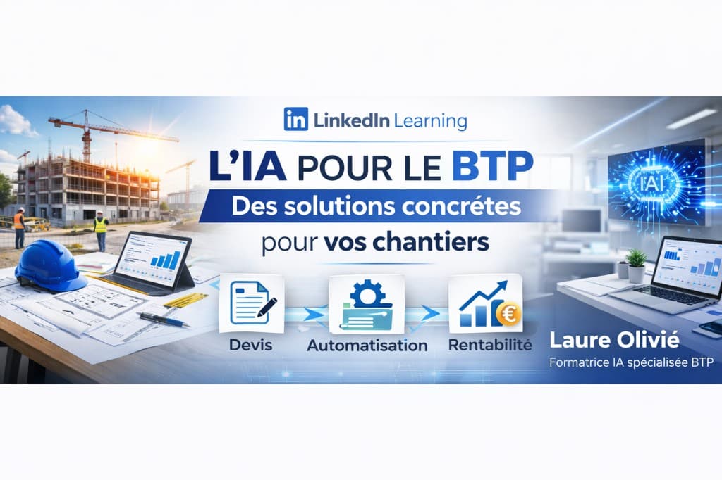 Bannière LinkedIn Learning — solutions concrètes IA pour cas pratiques chantier BTP