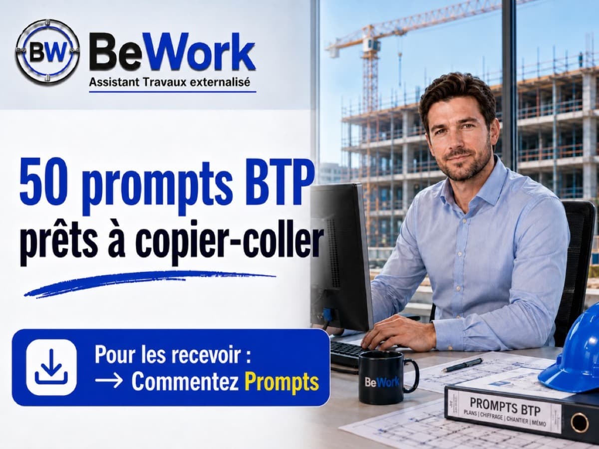 Professionnel BTP au bureau avec classeur prompts — ChatGPT BTP, 50 prompts métier gratuits