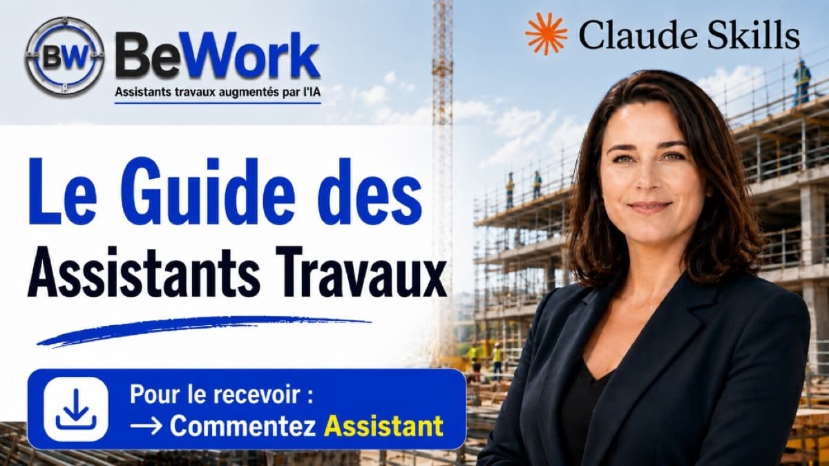Assistante travaux BTP sur fond chantier — guide IA missions marché formation IA BTP