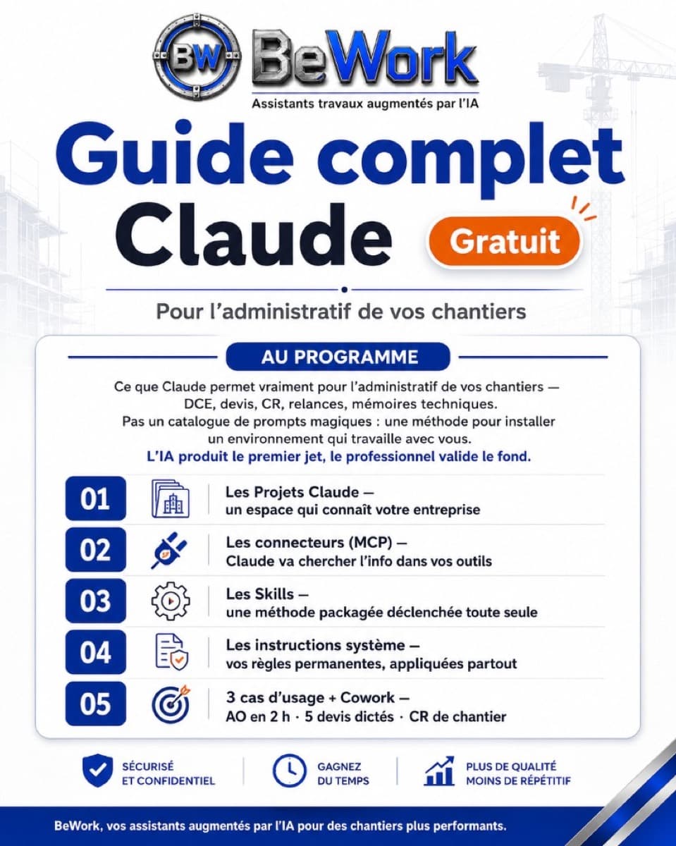 Guide Claude BTP Projets Skills MCP pour administratif chantier — formation IA appliquée au bâtiment