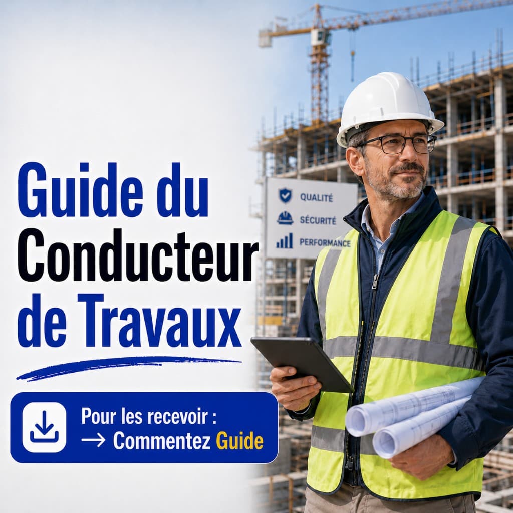 Conducteur de travaux casque et gilet, tablette et plans — guide IA chantier BTP