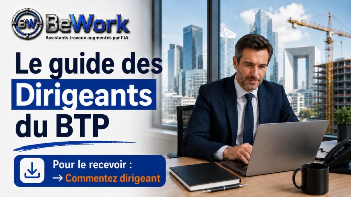 Dirigeant BTP en costume au bureau vue chantier — guide IA pilotage PME Île-de-France