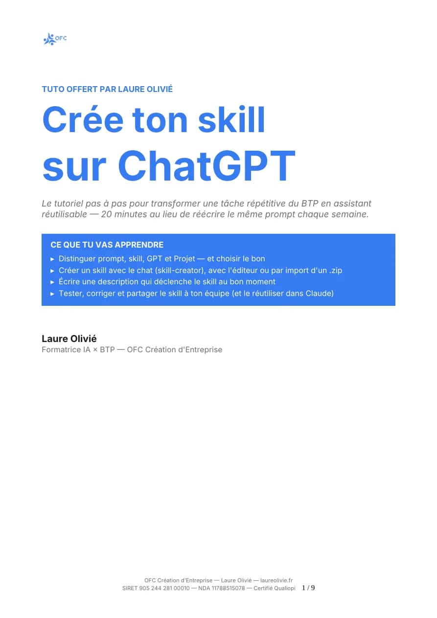Couverture du tutoriel Crée ton skill sur ChatGPT de Laure Olivié
