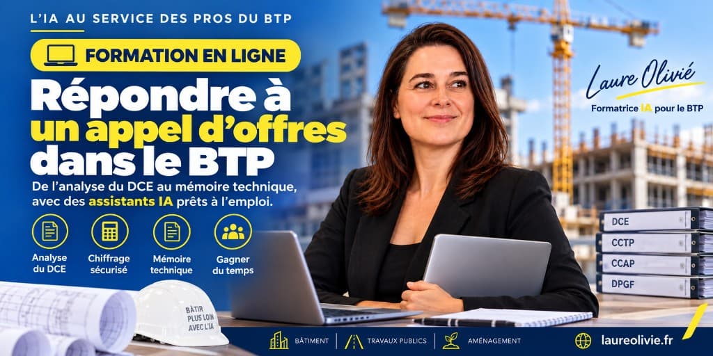 Webinaire — répondre à un appel d’offres BTP Formation en ligne : répondre à un appel d'offres BTP avec l'IA — Laure Olivié, analyse DCE