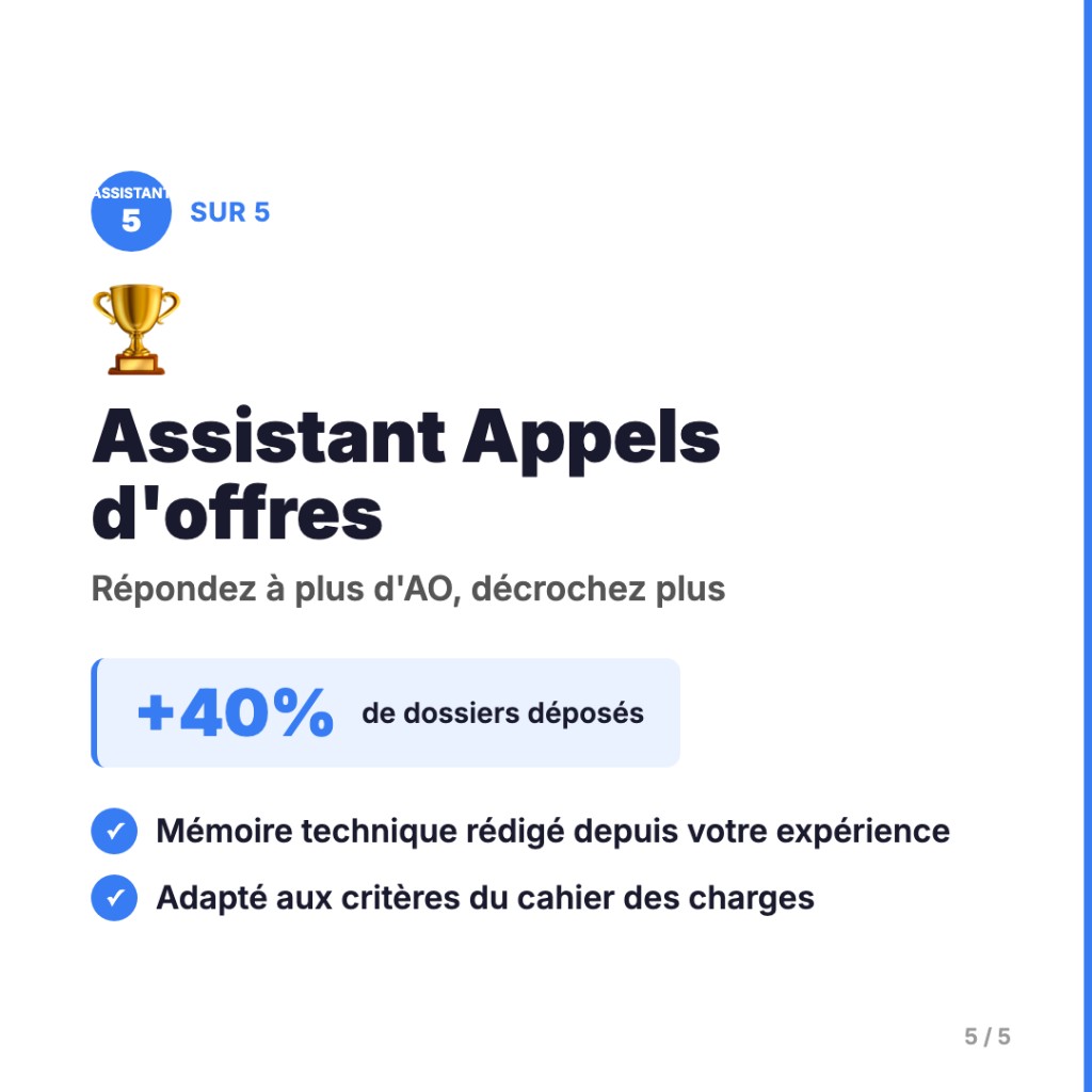 Assistant appels d’offres IA : mémoire technique, critères cahier des charges, plus de dossiers