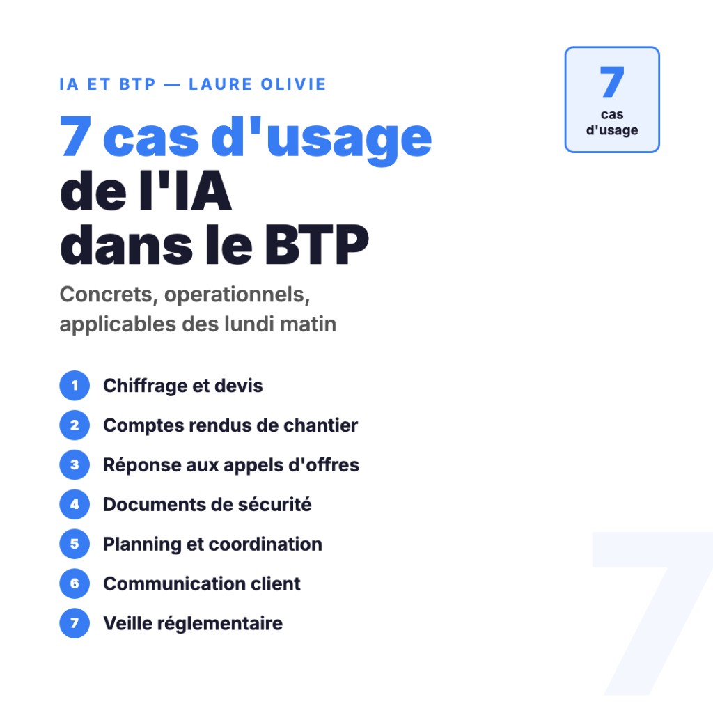 7 cas d’usage de l’IA dans le BTP : chiffrage, comptes rendus, appels d’offres, sécurité, planning, communication, veille — Laure Olivié