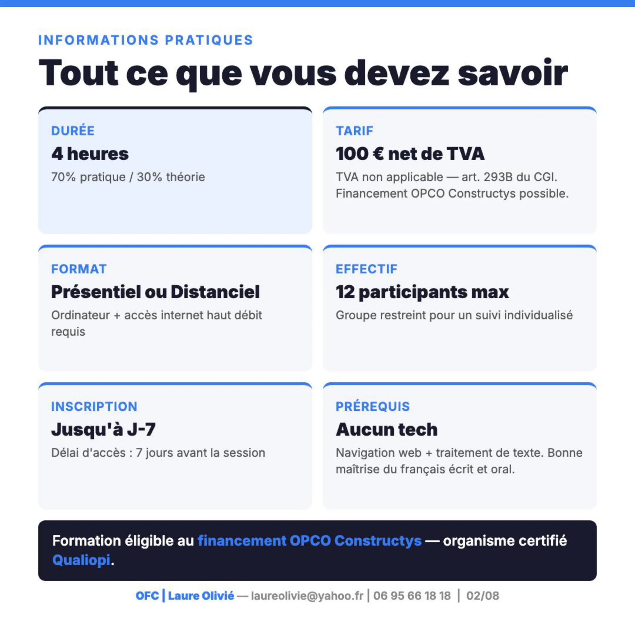 Slide informations pratiques — durée 4 h, tarif 1 000 € HT, effectif max et inscription
