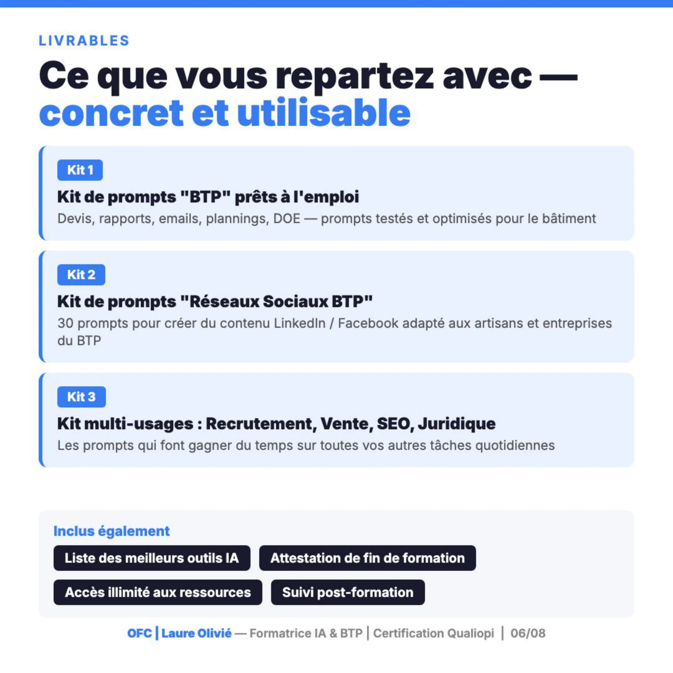 Slide livrables — kits de prompts, attestation Qualiopi et ressources post-formation