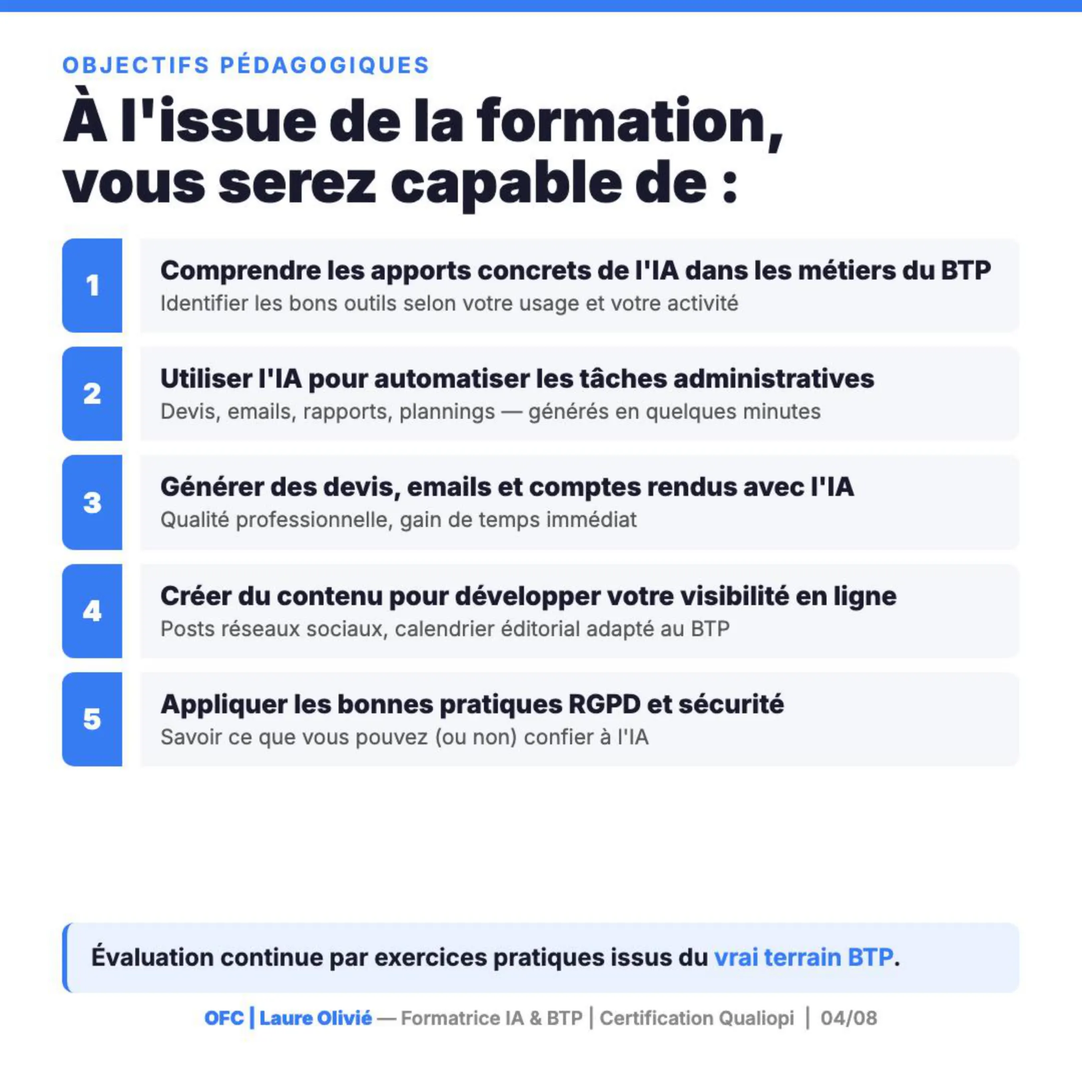 Slide objectifs pédagogiques — outils IA, devis, administratif chantier et visibilité