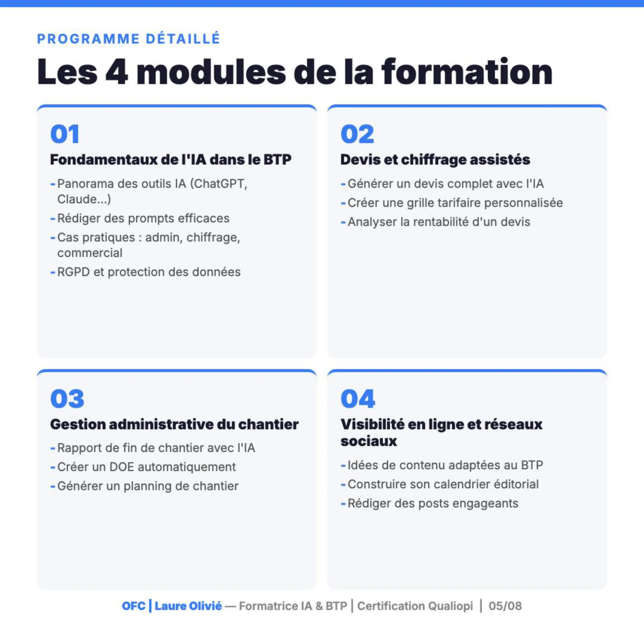 Slide programme — 4 modules : fondamentaux IA, devis, administratif chantier et visibilité
