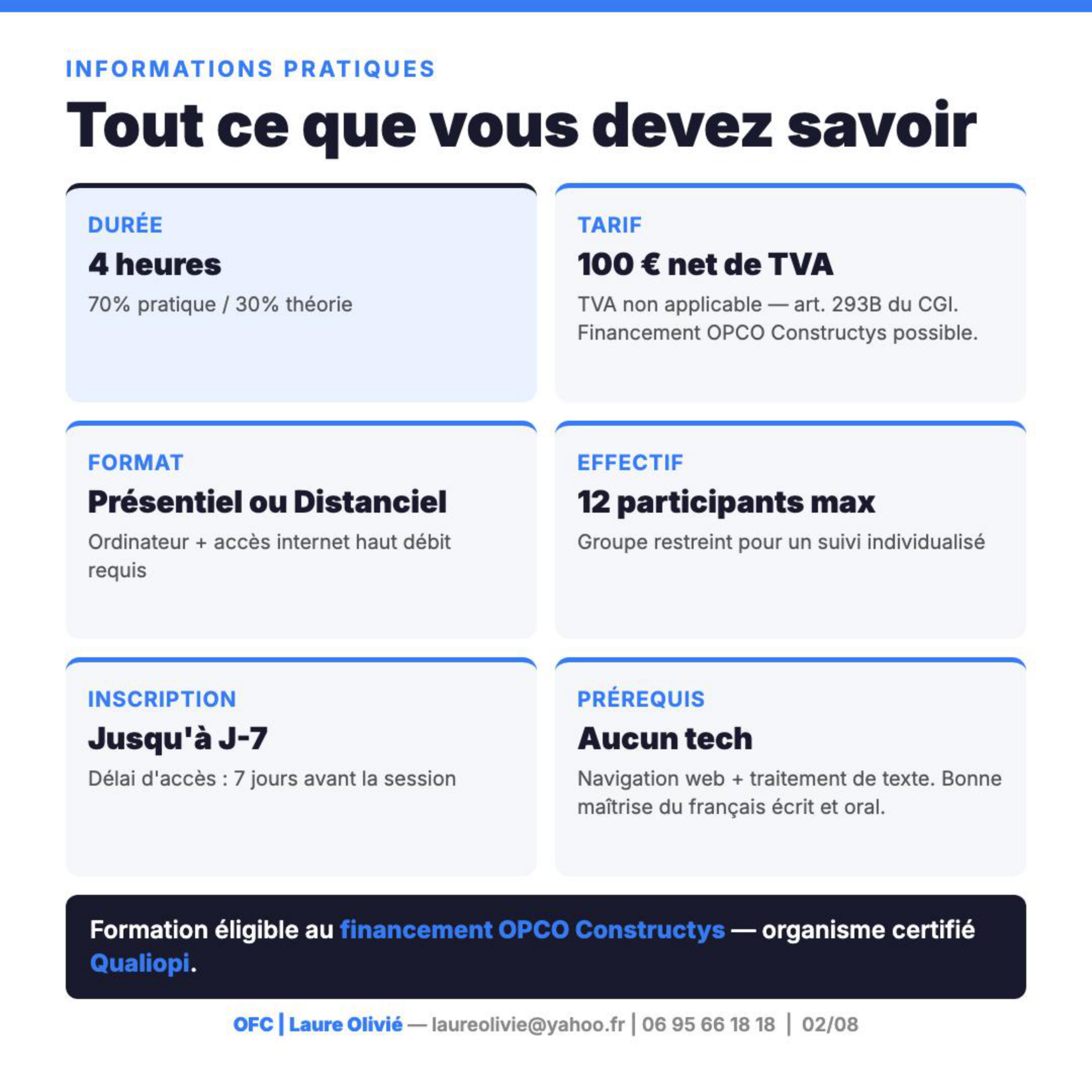 Informations pratiques formation IA bâtiment : durée 4h, tarif 100€ net de TVA, effectif 12 max, inscription J-7, prérequis navigation web — Qualiopi OPCO Constructys