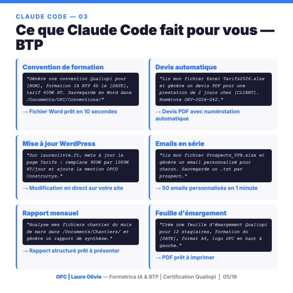 Exemples Claude Code BTP : convention formation, devis PDF, WordPress, emails série, rapport chantier, émargement Qualiopi