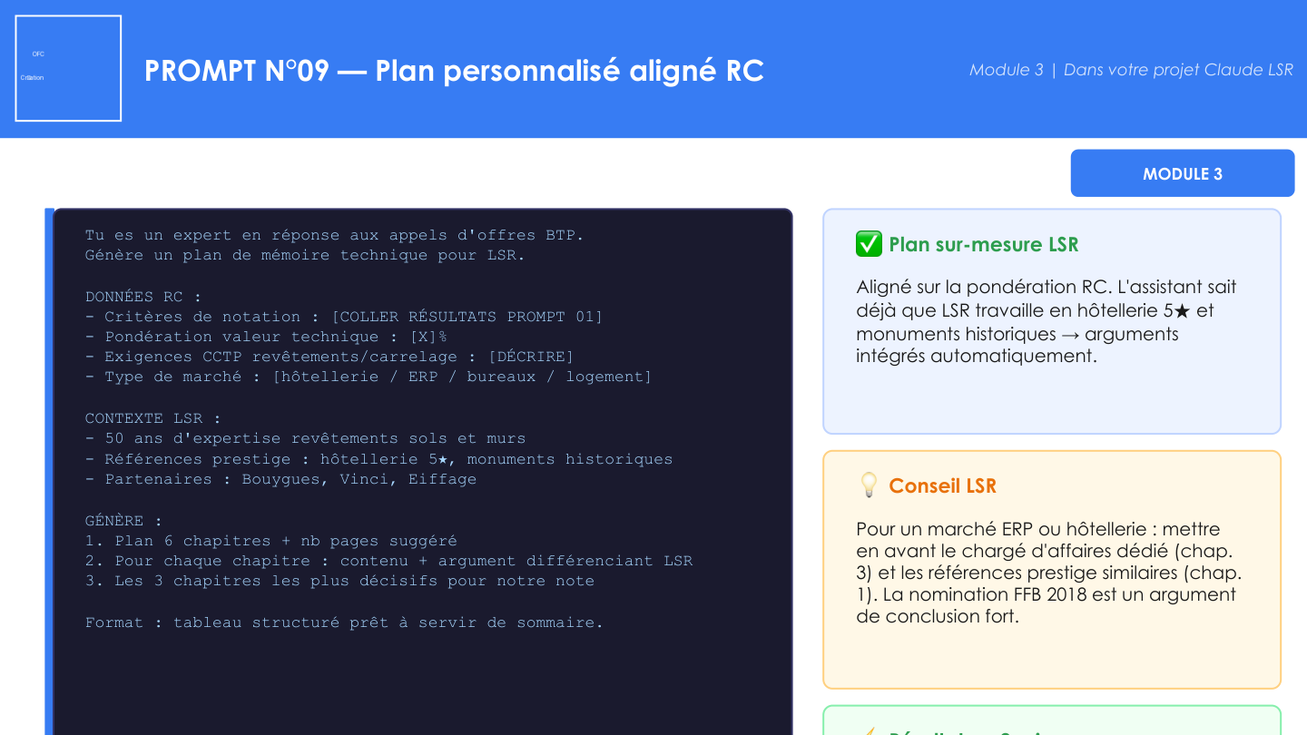 Tutoriel Claude projet : étapes création projet mémoire technique LSR, instructions et upload documents référence