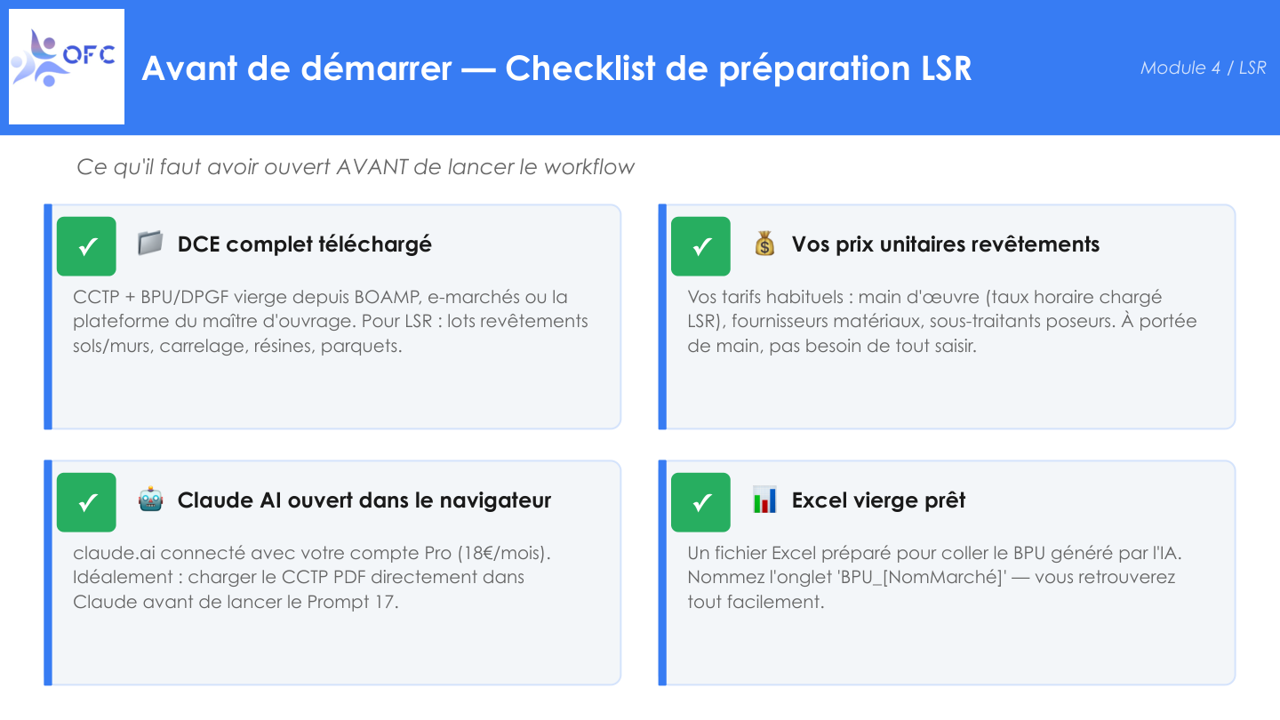Workflow IA 4 étapes : extraction CCTP, structure BPU, estimation temps h/m², contrôle cohérence marché — LSR OFC