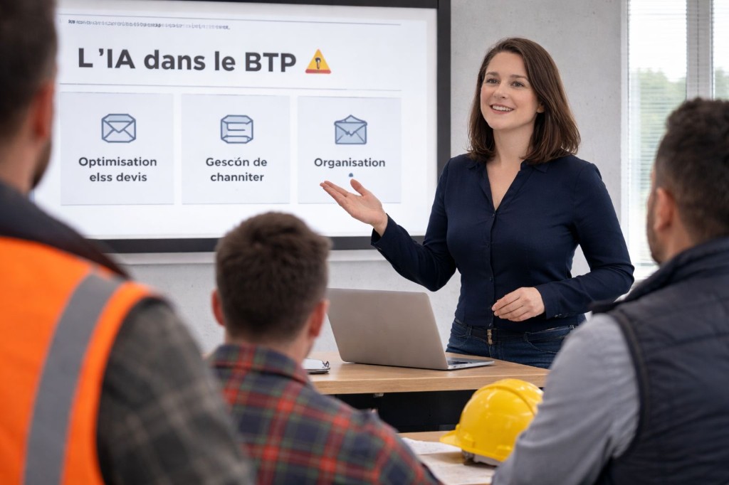 Session formation IA pour les pros du BTP — écran et participants, cadre sécurité des données en entreprise