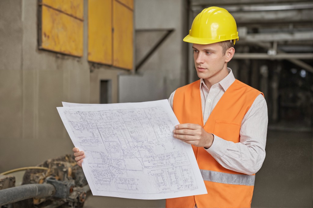 Professionnel BTP consultant des plans sur chantier — carnet de travaux et suivi documentaire